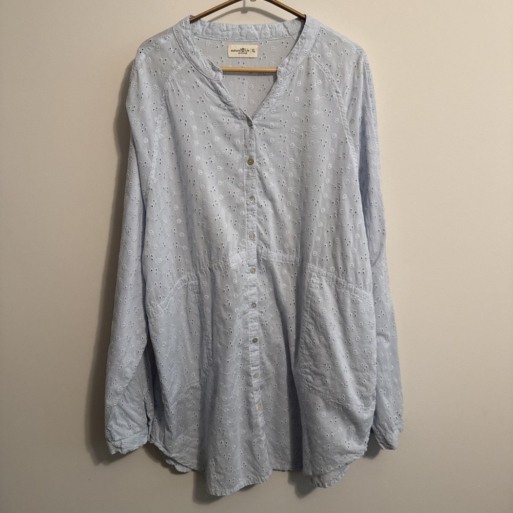 Natural Life Laid Back Cotton Eyelet Button Down Top Blue Boho Oversized Size XL